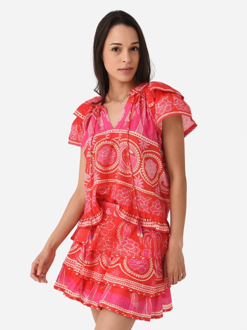 Farm Rio Summer Sunrise Blouse & Skirt Set Large Red Pink Vacation Resort Cruise